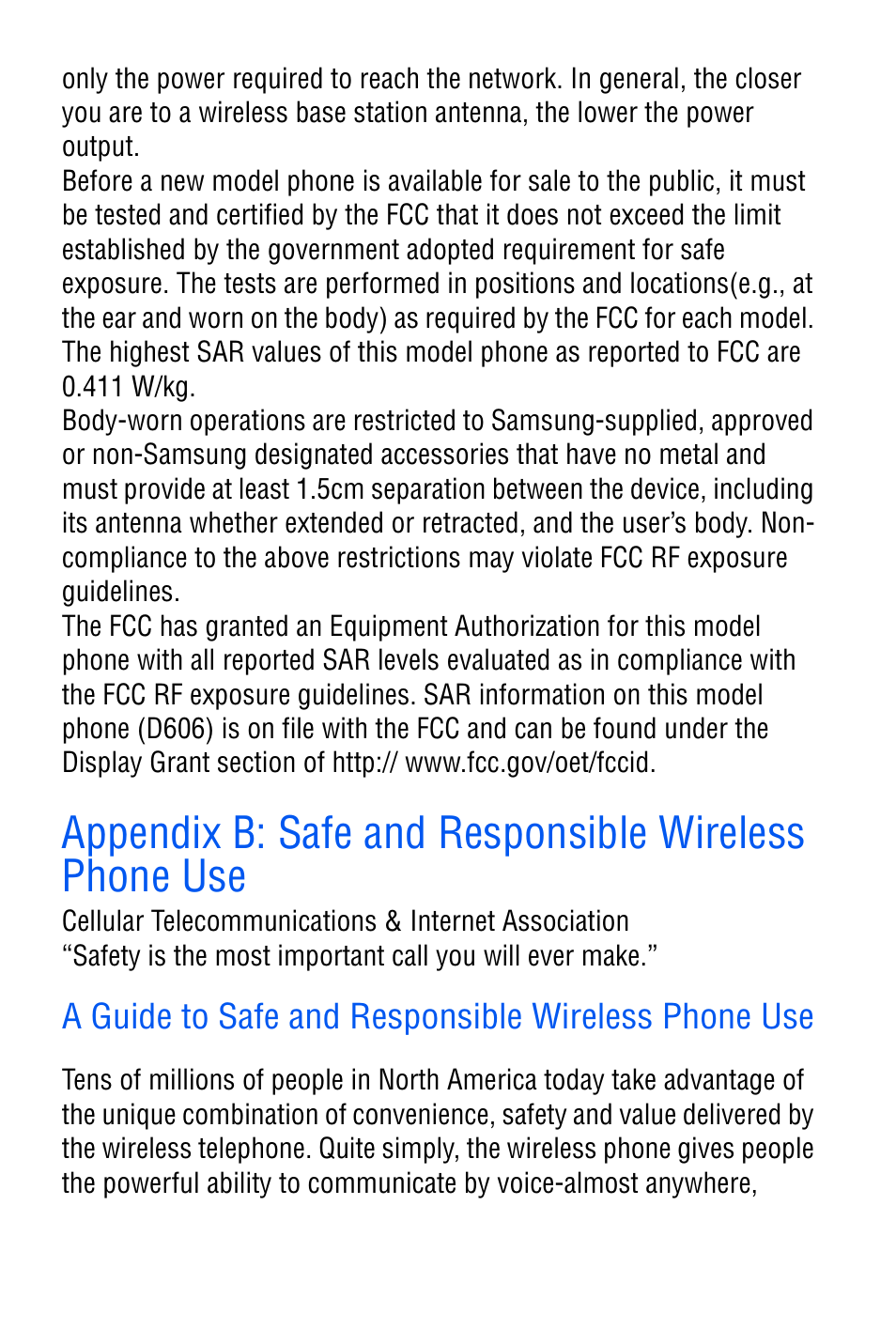 A guide to safe and responsible wireless phone use | Samsung SGH-D606 User Manual | Page 164 / 185