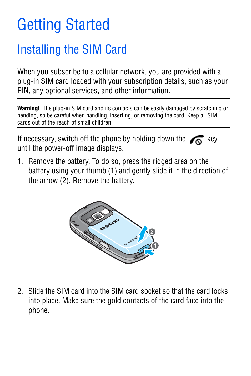 Getting started, Installing the sim card | Samsung SGH-D606 User Manual | Page 17 / 185