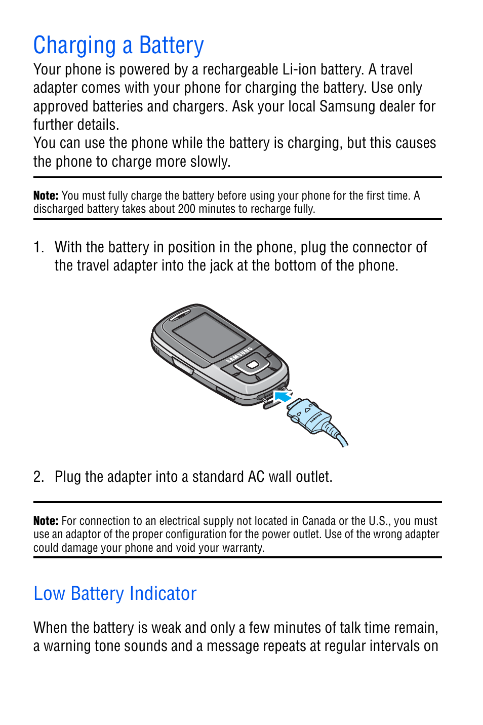 Charging a battery, Low battery indicator | Samsung SGH-D606 User Manual | Page 19 / 185