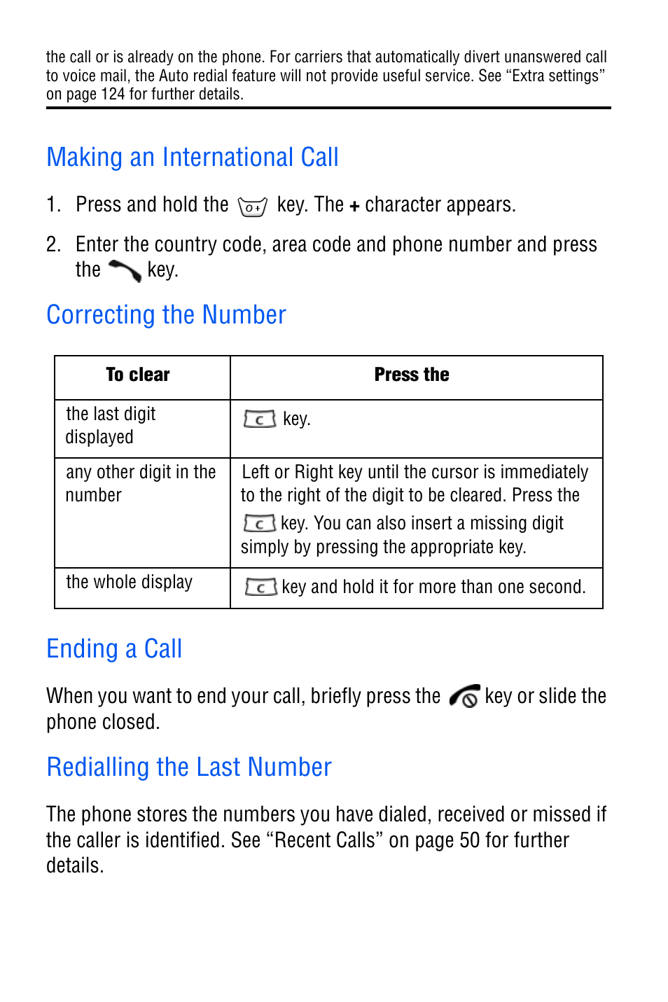 Making an international call, Correcting the number, Ending a call | Redialling the last number, Correcting the number ending a call | Samsung SGH-D606 User Manual | Page 23 / 185
