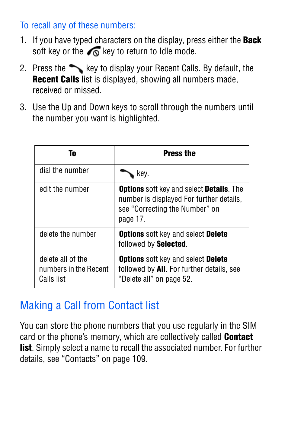 To recall any of these numbers, Making a call from contact list | Samsung SGH-D606 User Manual | Page 24 / 185