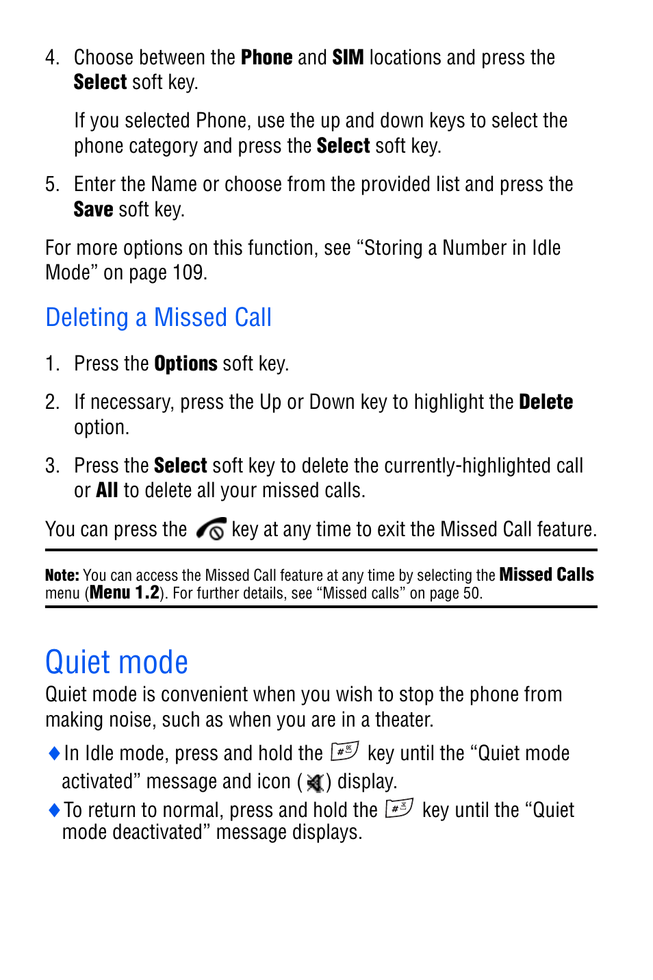 Deleting a missed call, Quiet mode | Samsung SGH-D606 User Manual | Page 27 / 185