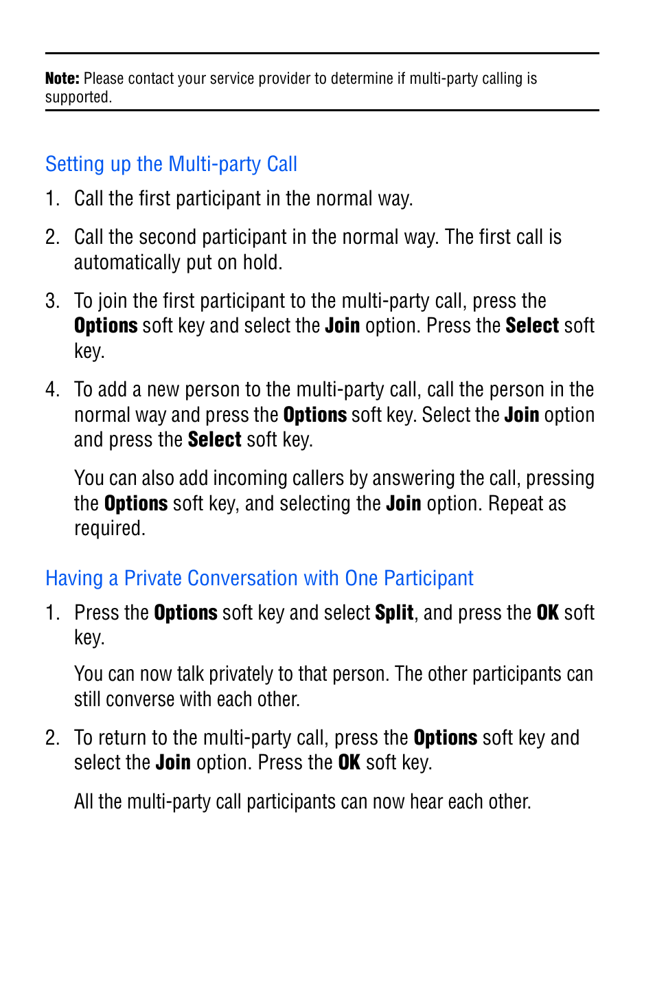 Setting up the multi-party call, Having a private conversation with one participant | Samsung SGH-D606 User Manual | Page 30 / 185