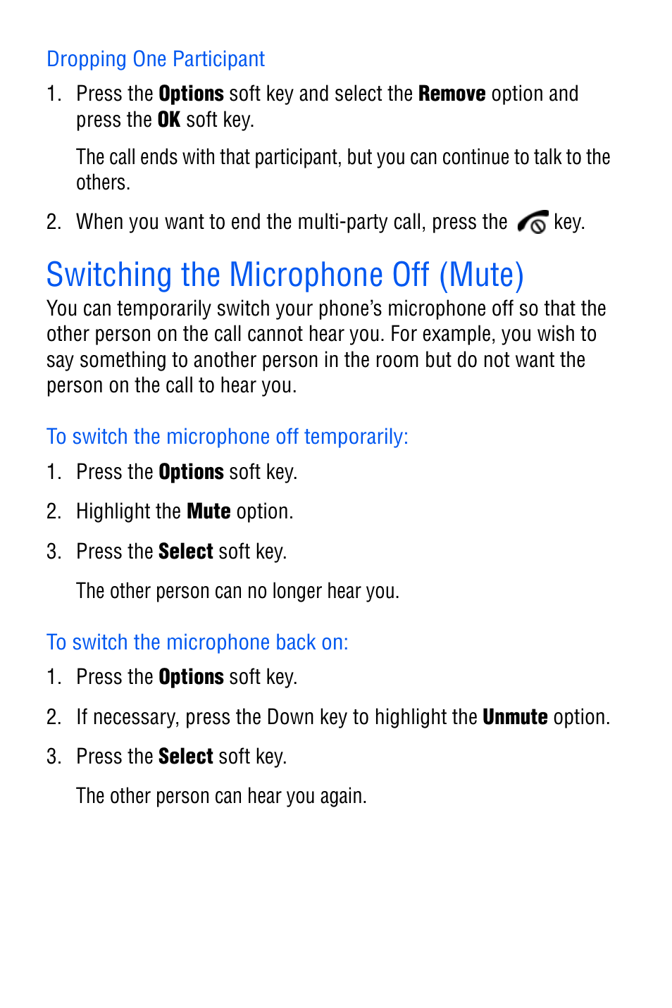 Dropping one participant, Switching the microphone off (mute), To switch the microphone off temporarily | To switch the microphone back on | Samsung SGH-D606 User Manual | Page 31 / 185