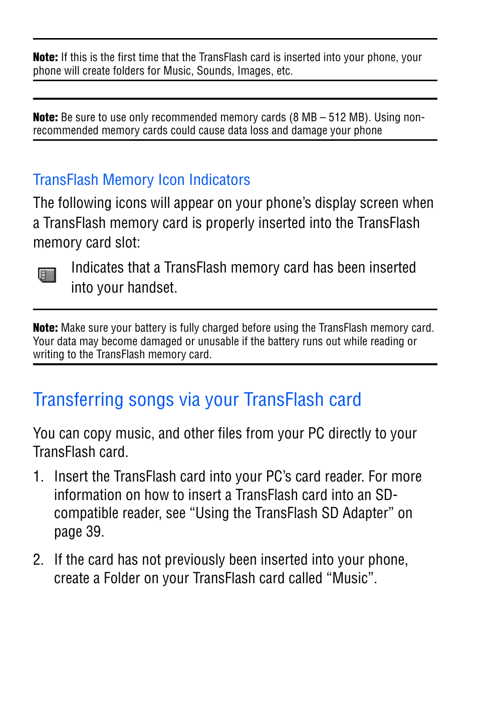Transflash memory icon indicators, Transferring songs via your transflash card | Samsung SGH-D606 User Manual | Page 43 / 185