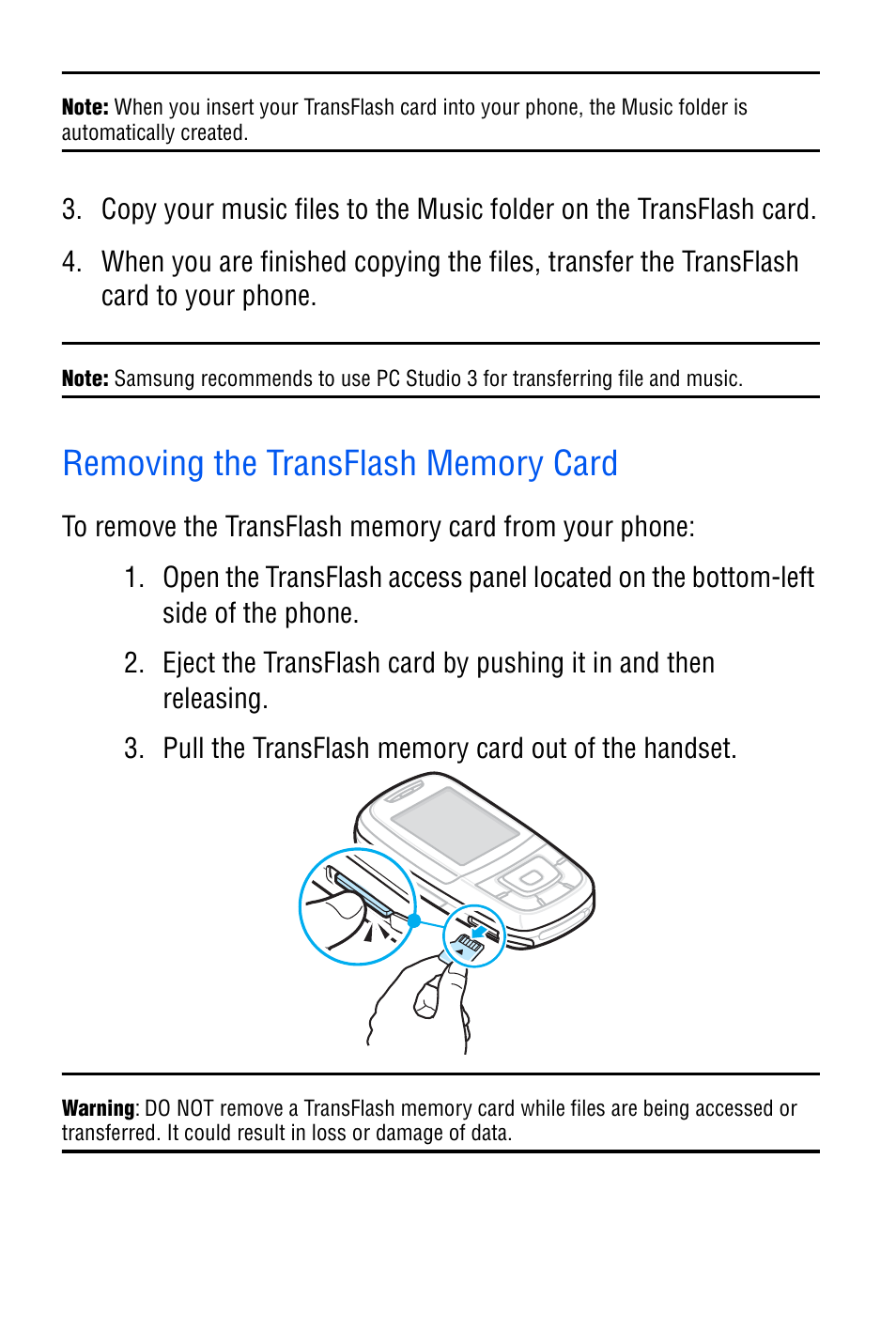 Removing the transflash memory card | Samsung SGH-D606 User Manual | Page 44 / 185