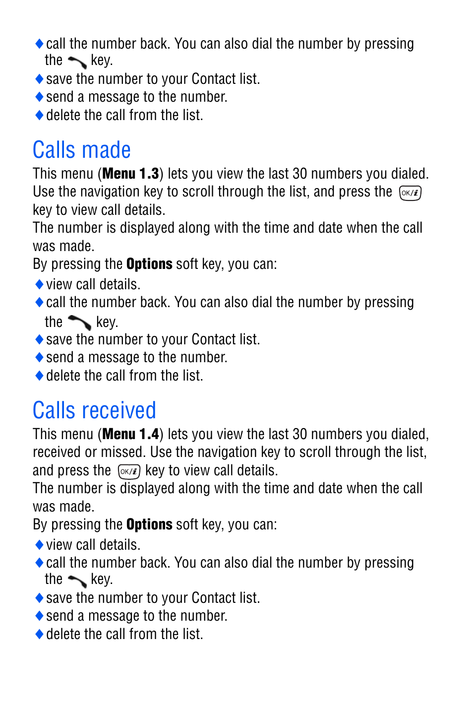 Calls made, Calls received, Calls made calls received | Samsung SGH-D606 User Manual | Page 57 / 185