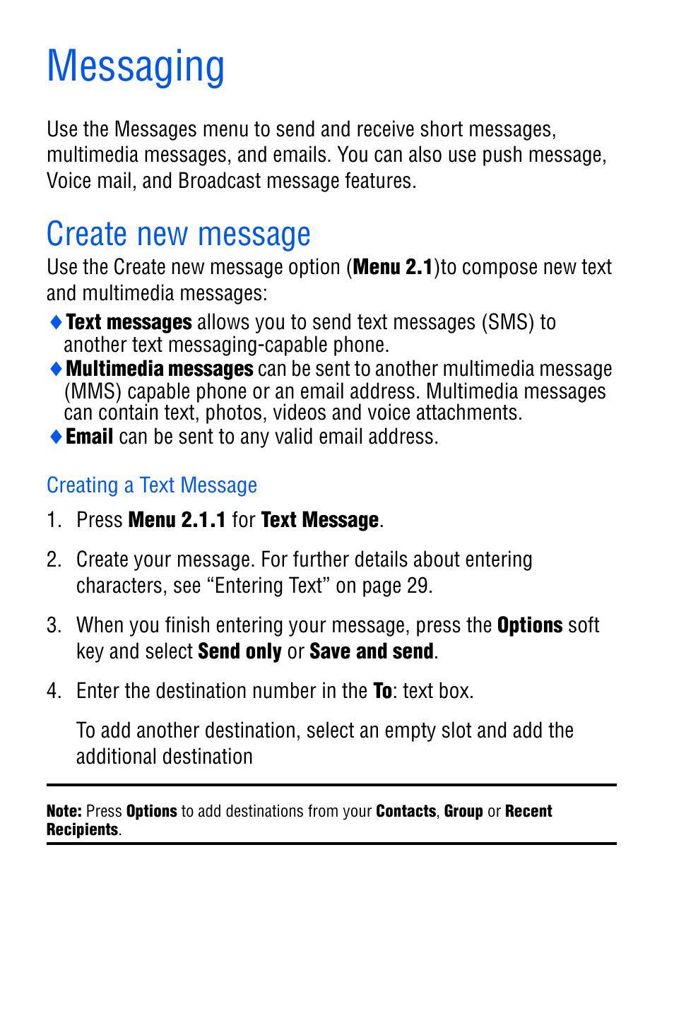 Messaging, Create new message, Creating a text message | Samsung SGH-D606 User Manual | Page 60 / 185