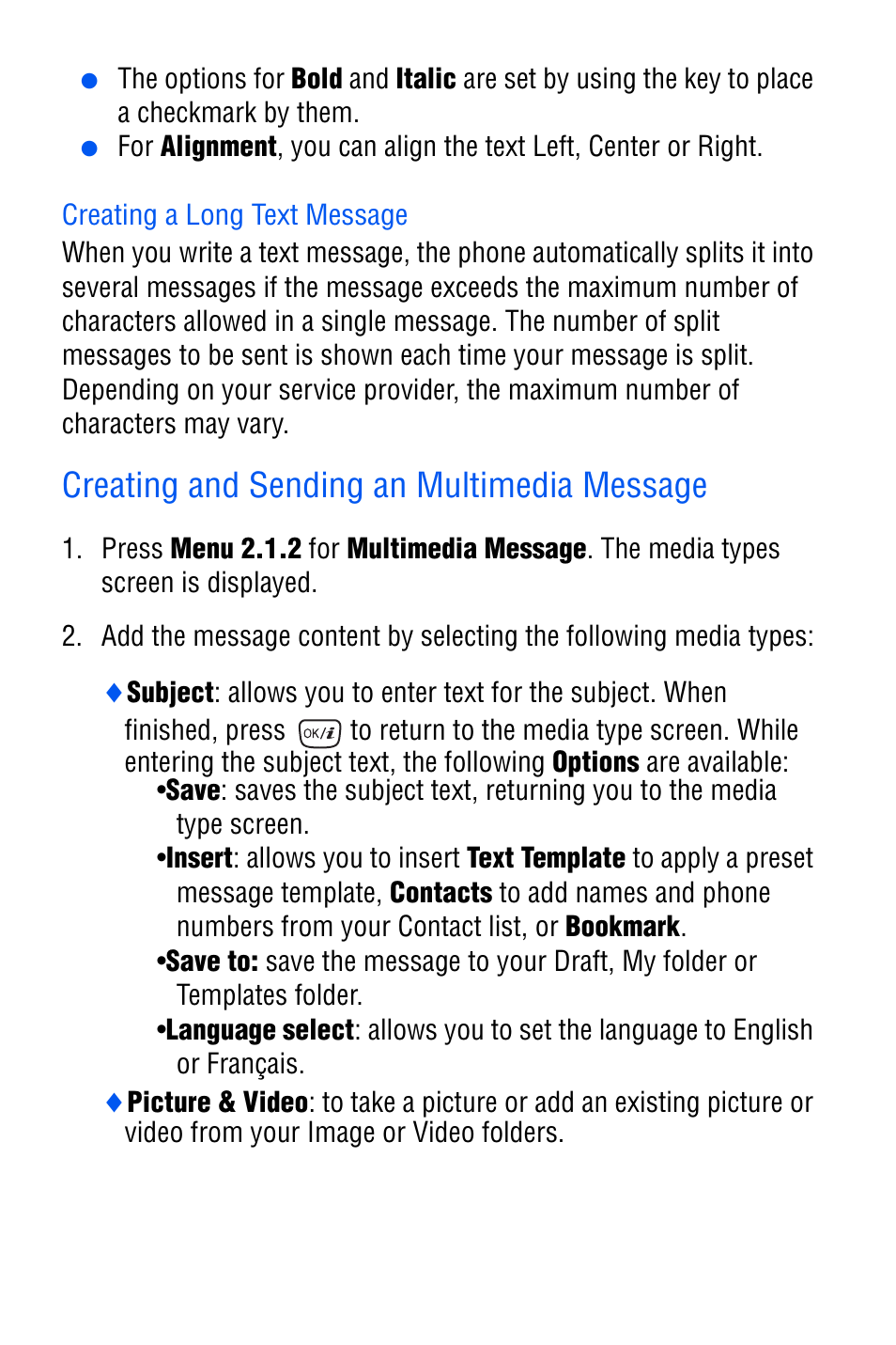 Creating a long text message, Creating and sending an multimedia message | Samsung SGH-D606 User Manual | Page 62 / 185