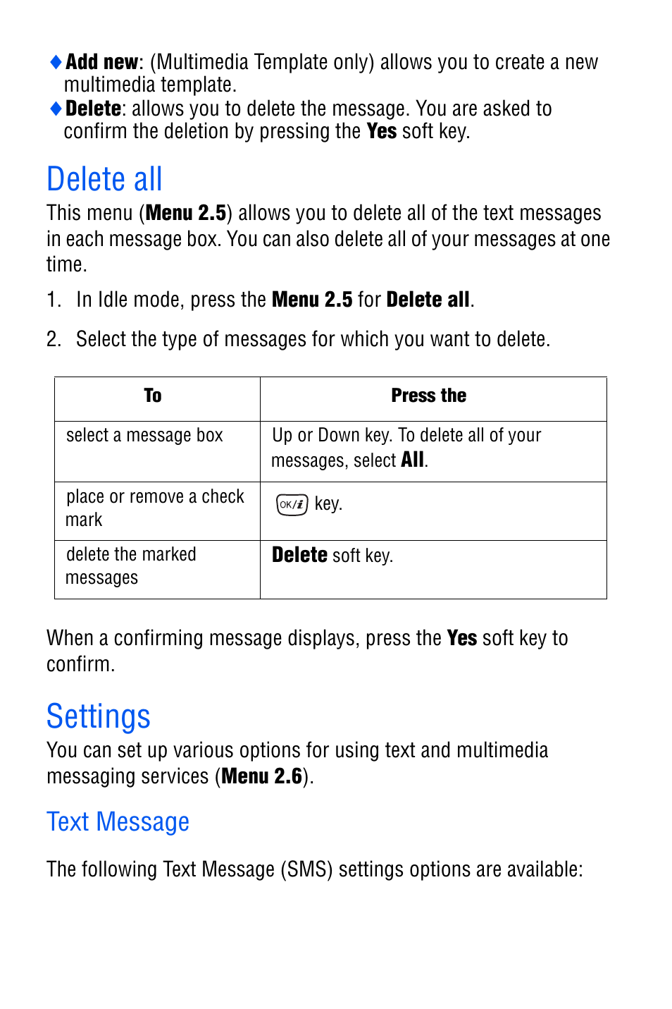 Delete all, Settings, Text message | Delete all settings | Samsung SGH-D606 User Manual | Page 68 / 185