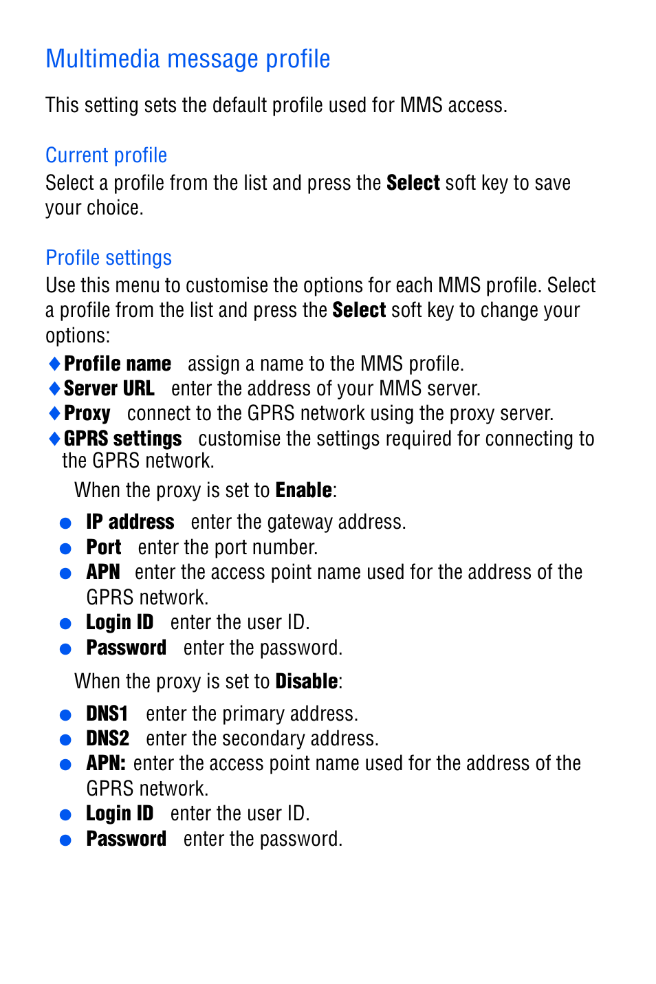 Multimedia message profile, Current profile, Profile settings | Samsung SGH-D606 User Manual | Page 71 / 185