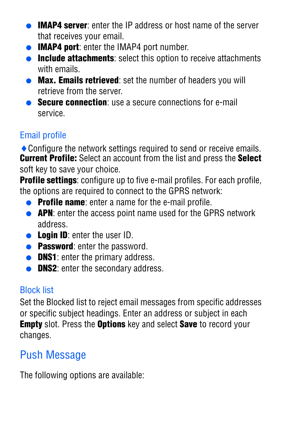 Email profile, Block list, Push message | Samsung SGH-D606 User Manual | Page 74 / 185