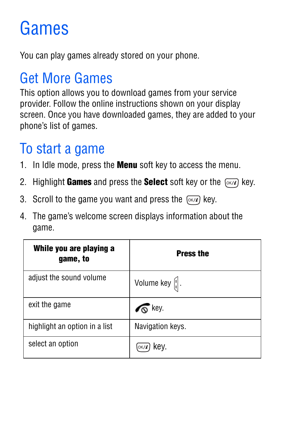 Games, Get more games, To start a game | Get more games to start a game | Samsung SGH-D606 User Manual | Page 77 / 185