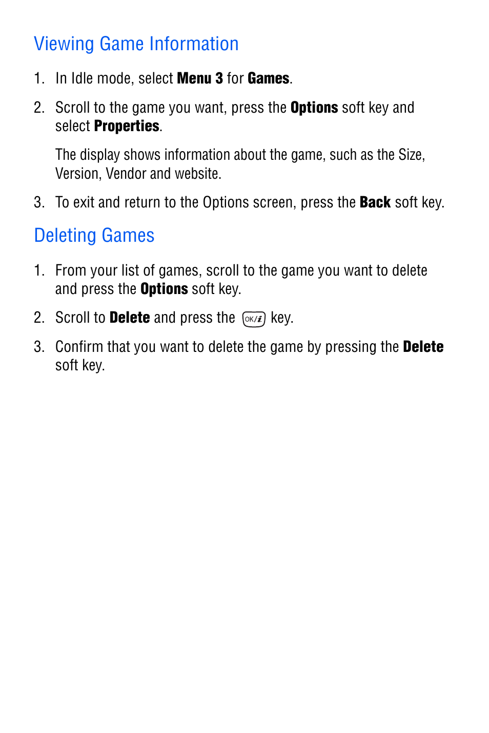 Viewing game information, Deleting games | Samsung SGH-D606 User Manual | Page 78 / 185