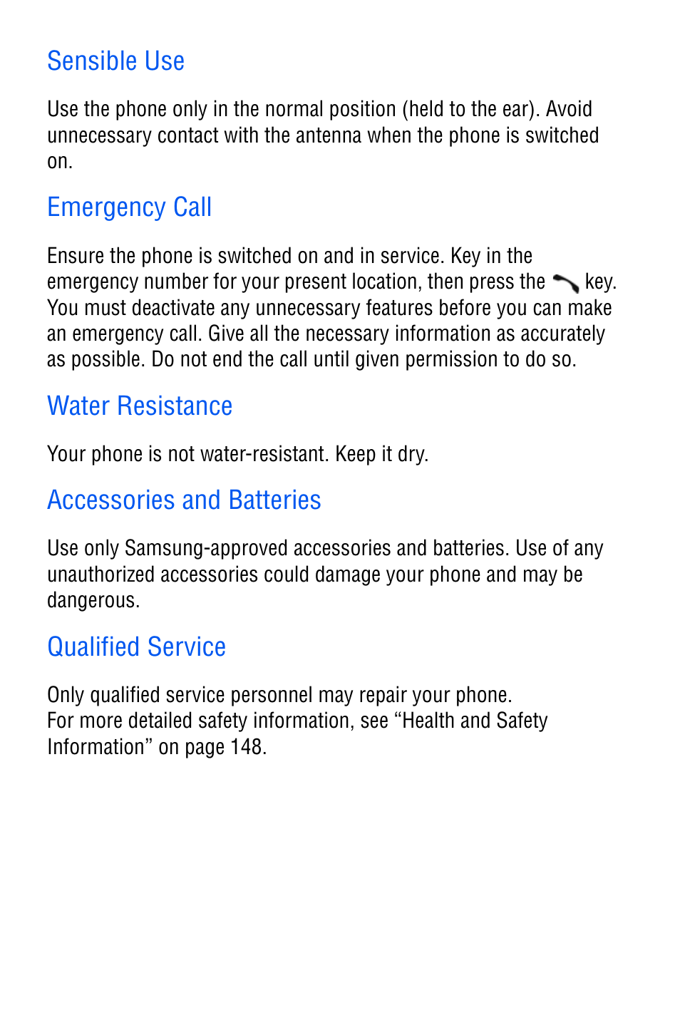 Sensible use, Emergency call, Water resistance | Accessories and batteries, Qualified service | Samsung SGH-D606 User Manual | Page 8 / 185