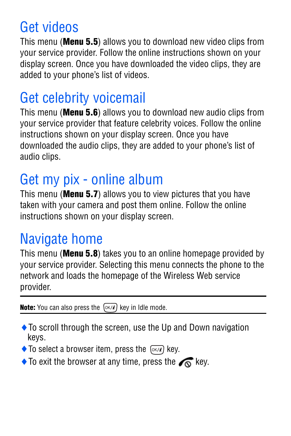 Get videos, Get celebrity voicemail, Get my pix - online album | Navigate home | Samsung SGH-D606 User Manual | Page 88 / 185