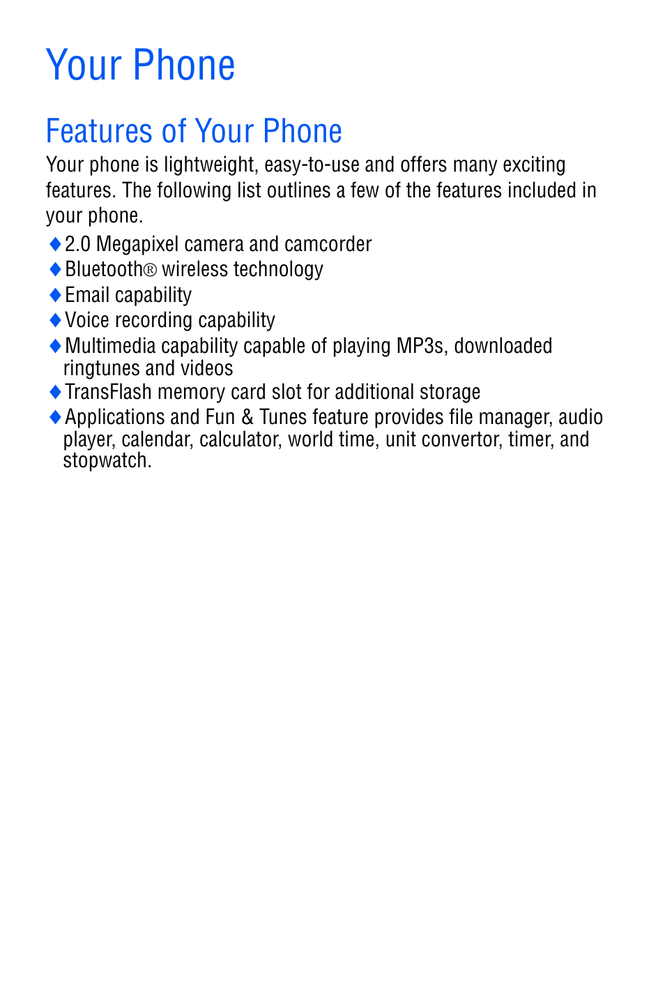 Your phone, Features of your phone | Samsung SGH-D606 User Manual | Page 9 / 185