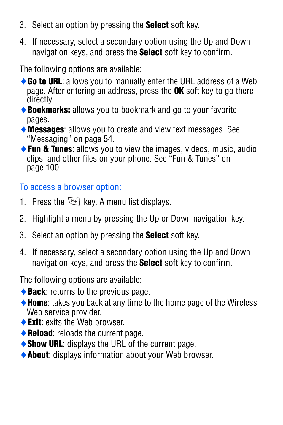 To access a browser option | Samsung SGH-D606 User Manual | Page 90 / 185