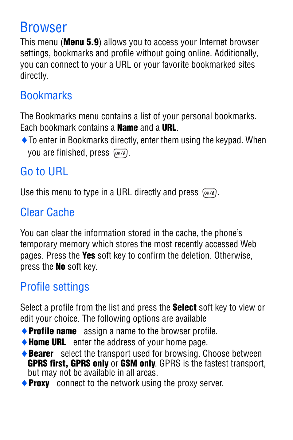 Browser, Bookmarks, Go to url | Clear cache, Profile settings | Samsung SGH-D606 User Manual | Page 91 / 185