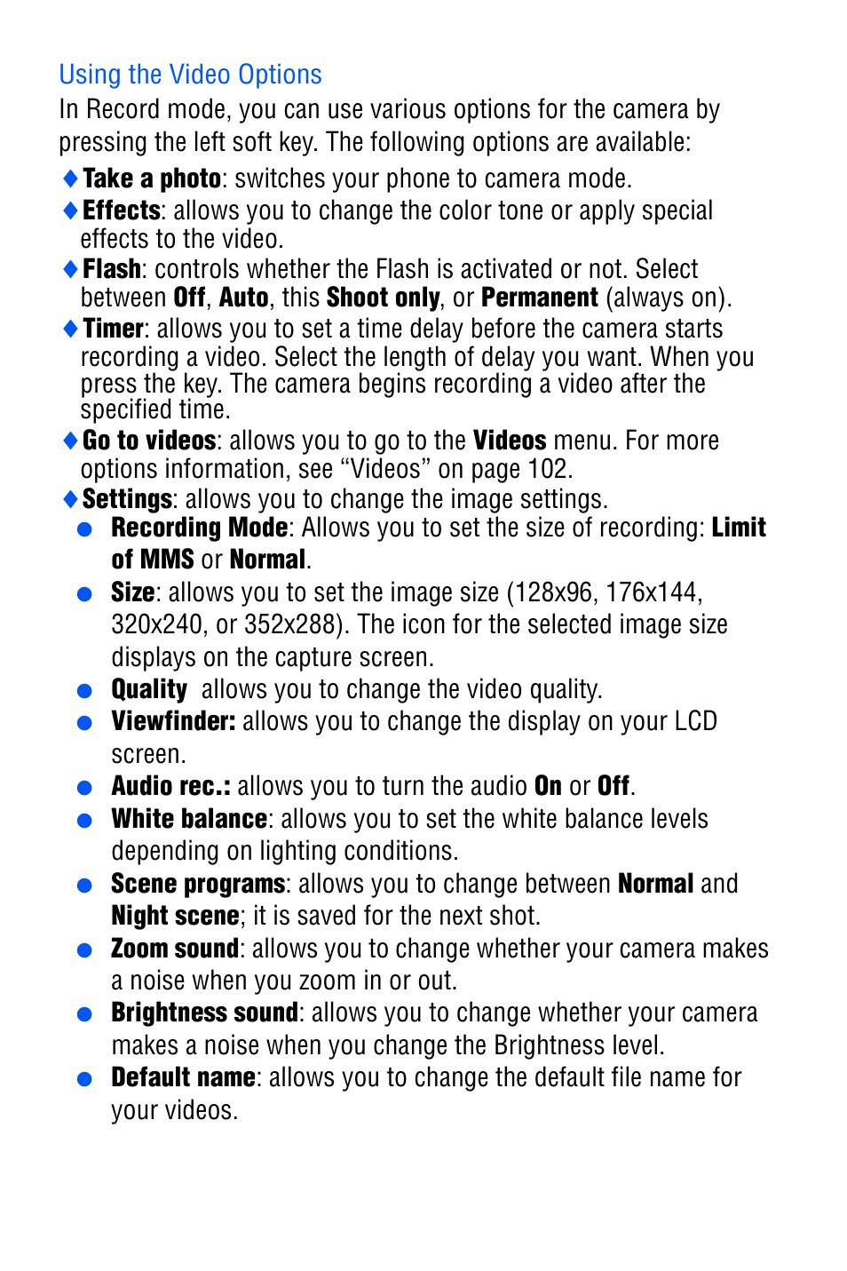 Using the video options | Samsung SGH-D606 User Manual | Page 98 / 185