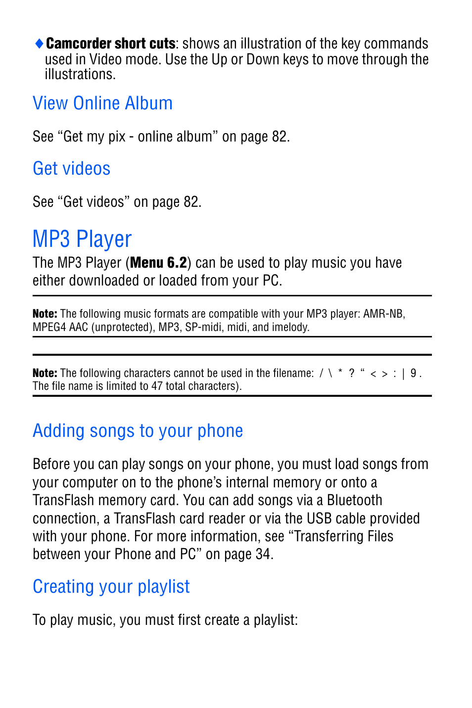 View online album, Get videos, Mp3 player | Adding songs to your phone, Creating your playlist | Samsung SGH-D606 User Manual | Page 99 / 185