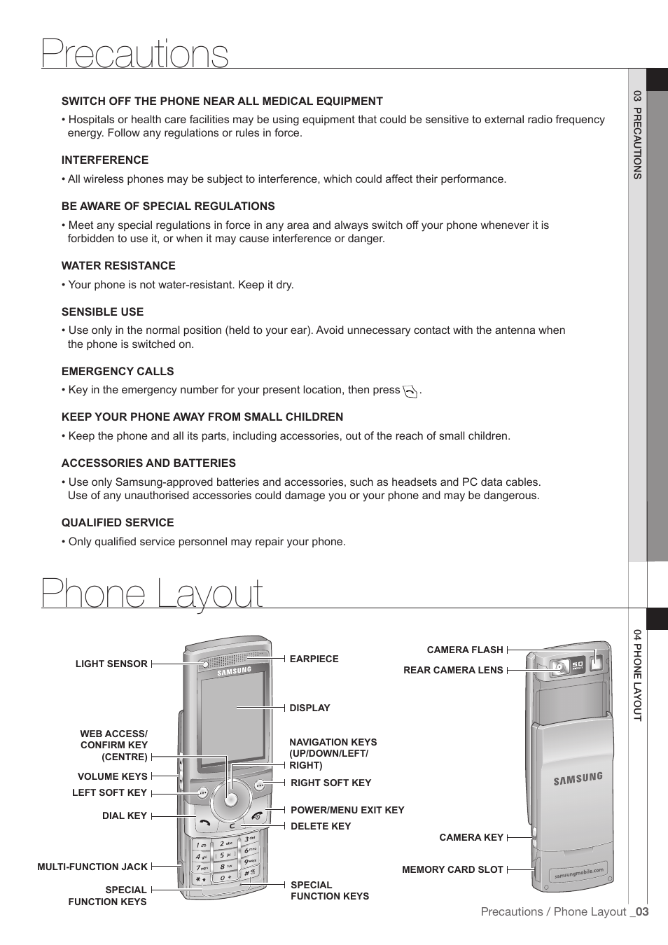 Precautions, Phone layout | Samsung SGH-G600  EN User Manual | Page 4 / 7