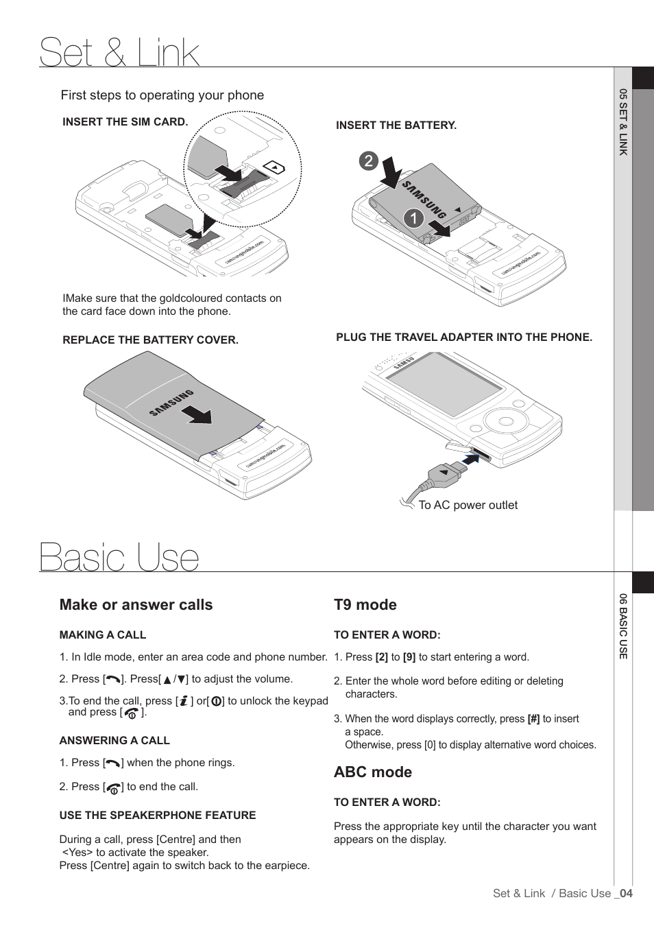Set & link, Basic use, Make or answer calls | T9 mode, Abc mode | Samsung SGH-G600  EN User Manual | Page 5 / 7