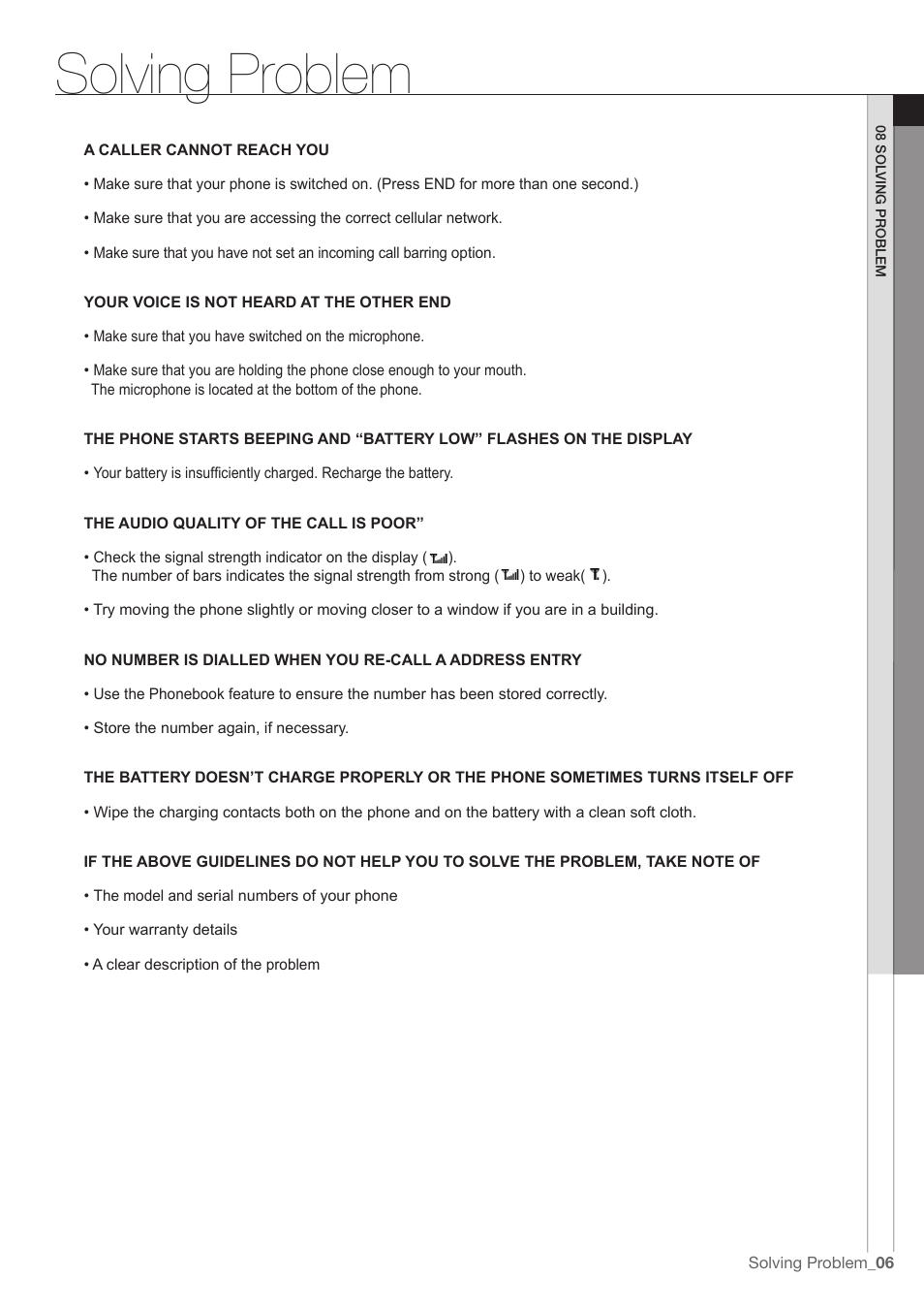 Solving problem | Samsung SGH-G600  EN User Manual | Page 7 / 7