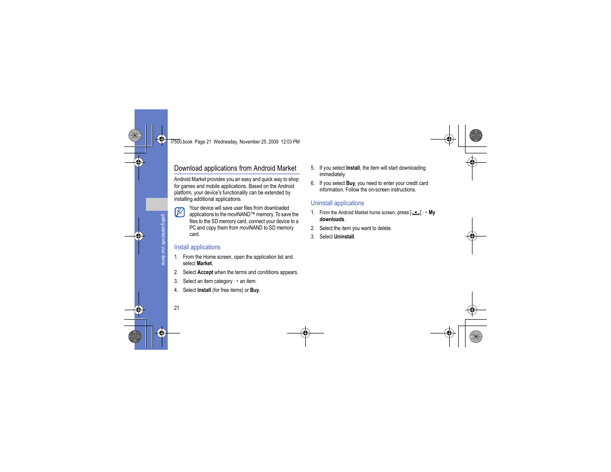 Download applications from android market | Samsung 11252009_D5 User Manual | Page 29 / 94