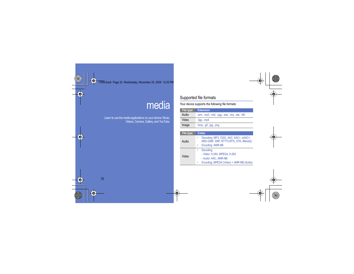 Media, Supported file formats | Samsung 11252009_D5 User Manual | Page 41 / 94