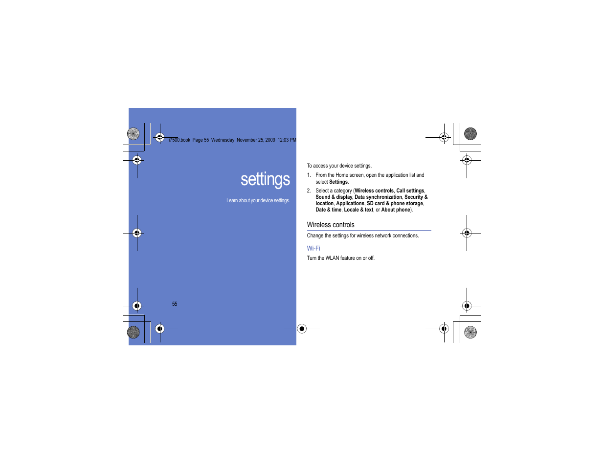 Settings, Wireless controls | Samsung 11252009_D5 User Manual | Page 63 / 94