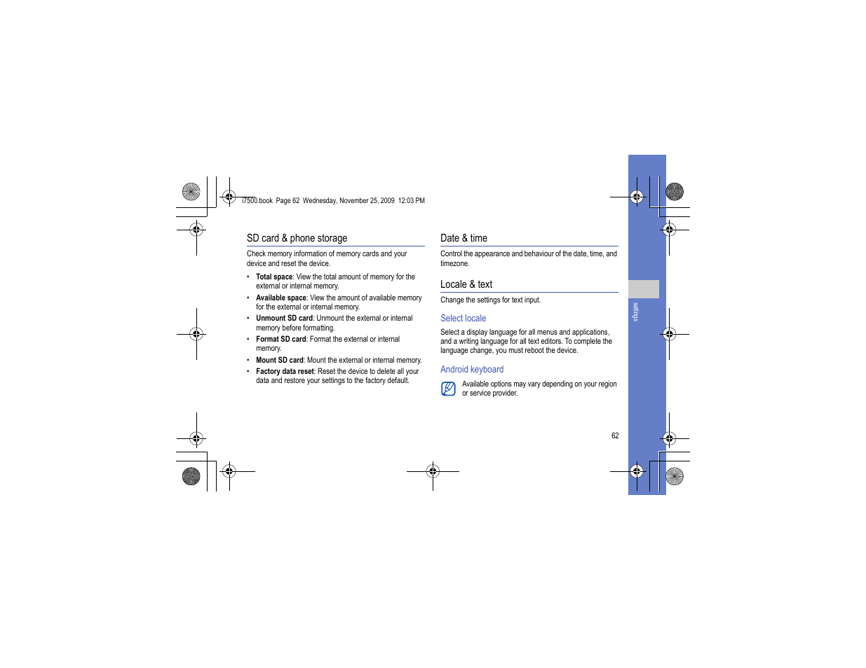 Sd card & phone storage, Date & time, Locale & text | Sd card & phone storage date & time locale & text | Samsung 11252009_D5 User Manual | Page 70 / 94