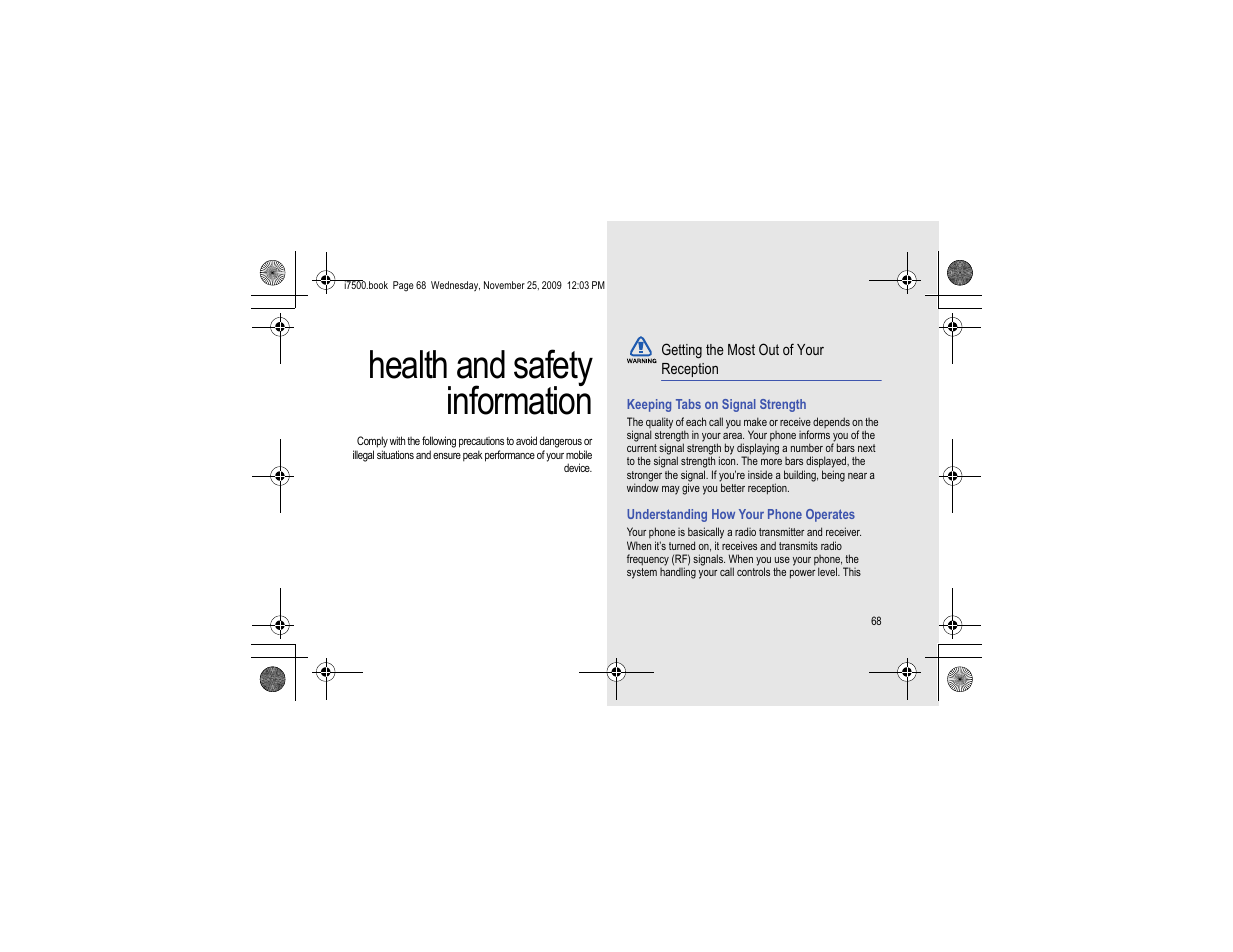 Health and safety information, Getting the most out of your reception | Samsung 11252009_D5 User Manual | Page 76 / 94