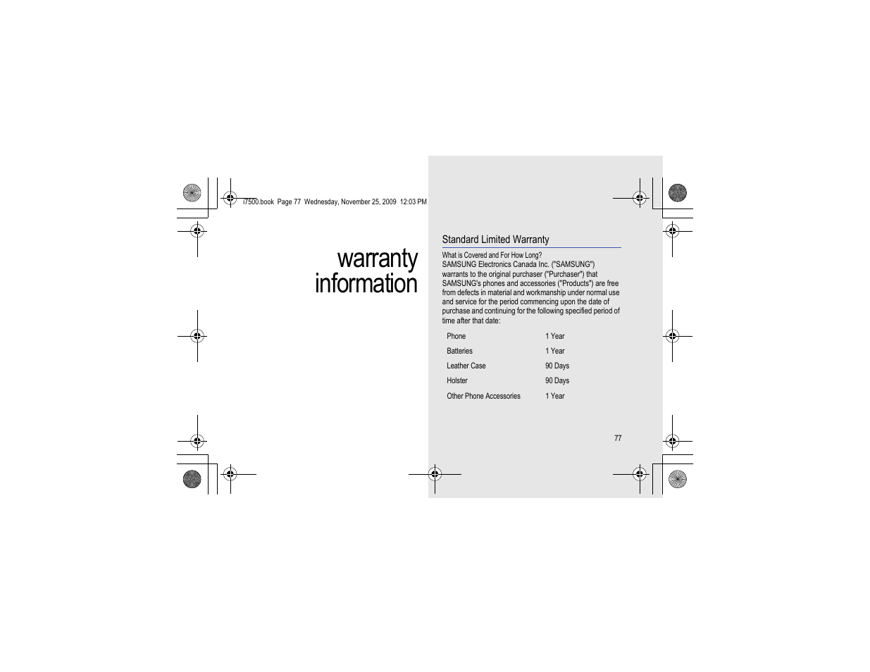 Warranty information, Standard limited warranty | Samsung 11252009_D5 User Manual | Page 85 / 94