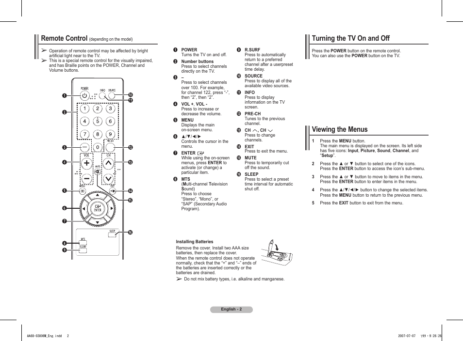 Remote control (depending on the model), Turning the tv on and off, Viewing the menus | Remote control | Samsung 21Z50 User Manual | Page 2 / 8