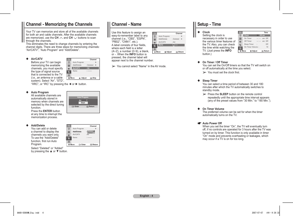 Channel - memorizing the channels, Channel - name, Setup - time | Samsung 21Z50 User Manual | Page 4 / 8