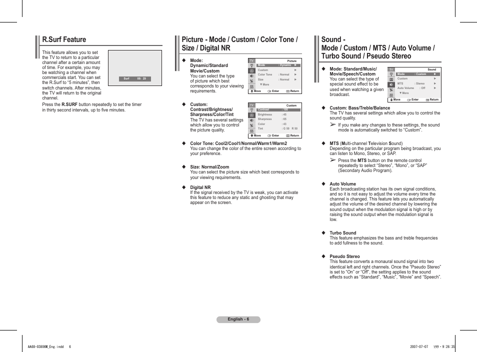 R.surf feature, Picture - mode / custom / color tone, Sound | Samsung 21Z50 User Manual | Page 6 / 8