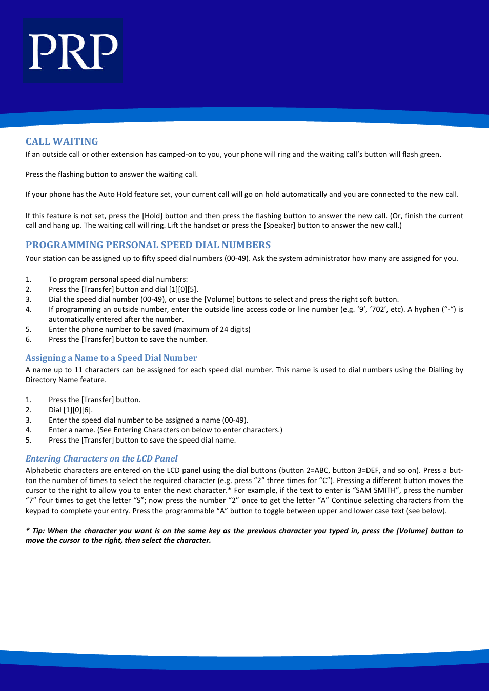 Call waiting, Programming personal speed dial numbers | Samsung ITP-5121D User Manual | Page 11 / 20