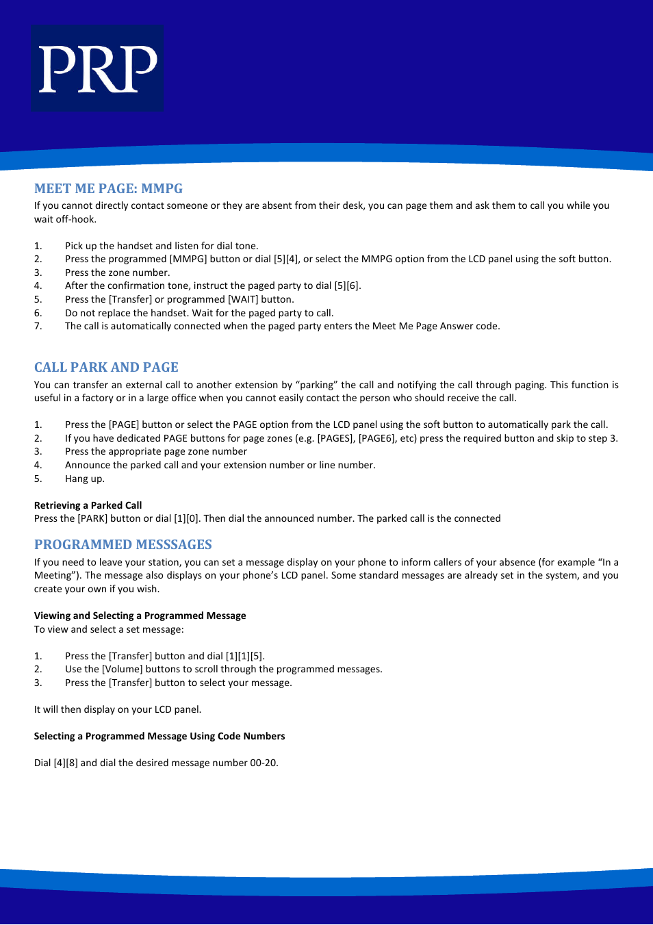 Meet me page: mmpg, Call park and page, Programmed messsages | Samsung ITP-5121D User Manual | Page 15 / 20