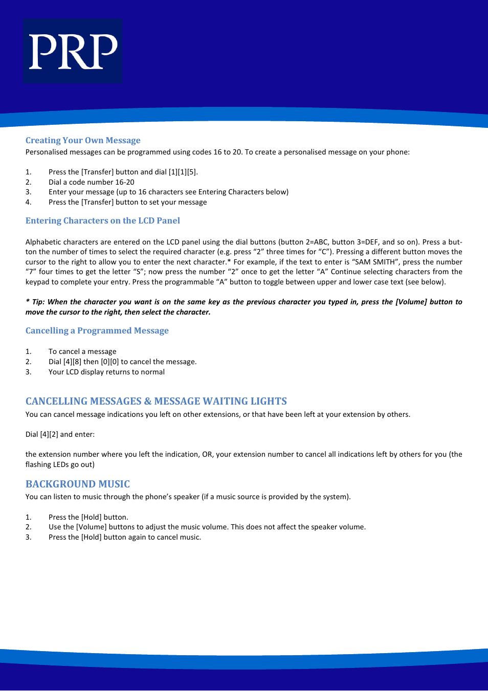 Cancelling messages & message waiting lights, Background music | Samsung ITP-5121D User Manual | Page 16 / 20