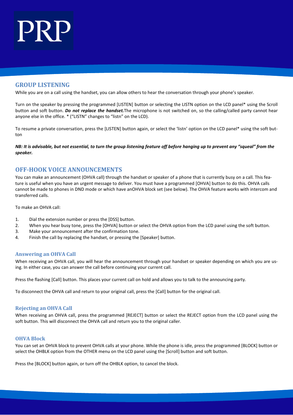 Group listening, Off-hook voice announcements | Samsung ITP-5121D User Manual | Page 18 / 20