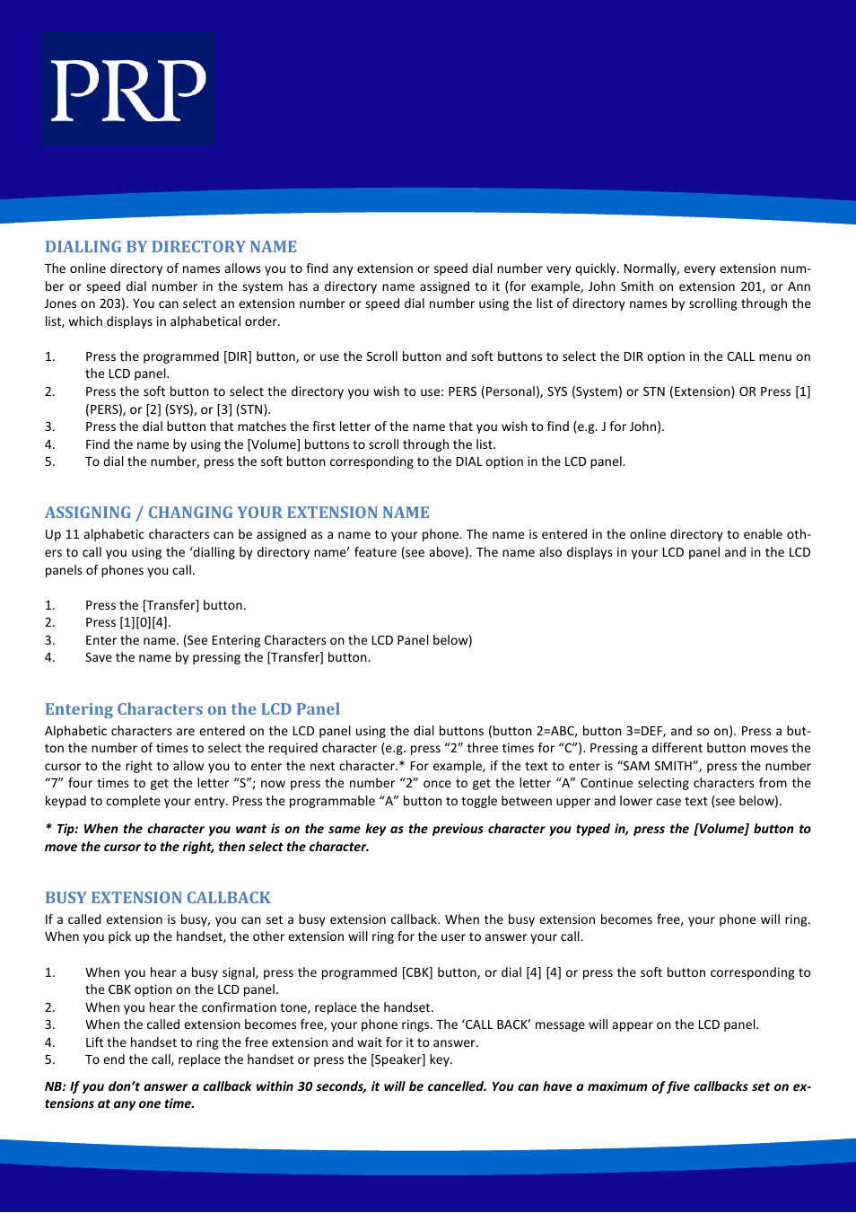 Dialling by directory name, Assigning / changing your extension name, Entering characters on the lcd panel | Busy extension callback | Samsung ITP-5121D User Manual | Page 8 / 20