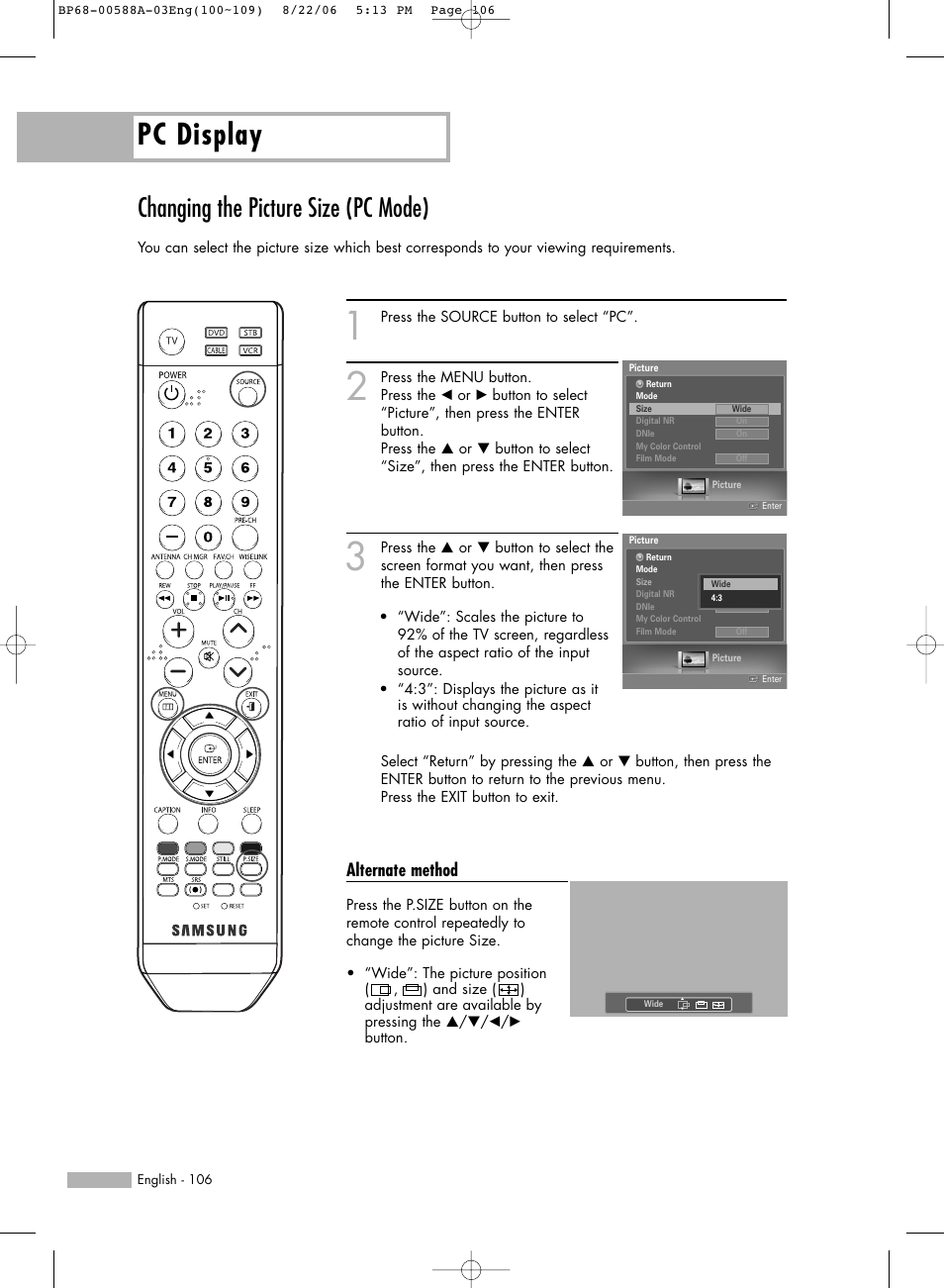 Changing the picture size (pc mode), Pc display, Alternate method | Samsung HL-S5087W User Manual | Page 106 / 132