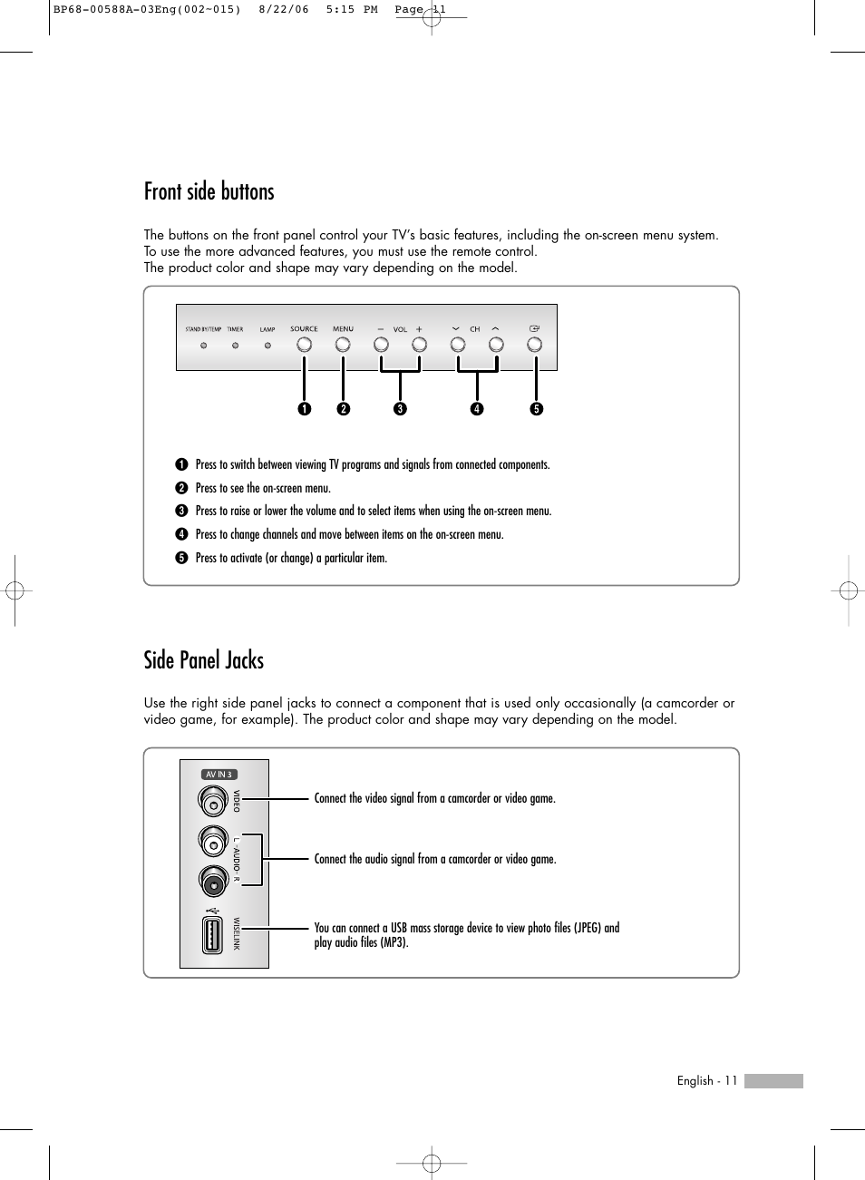 Front side buttons, Side panel jacks | Samsung HL-S5087W User Manual | Page 11 / 132