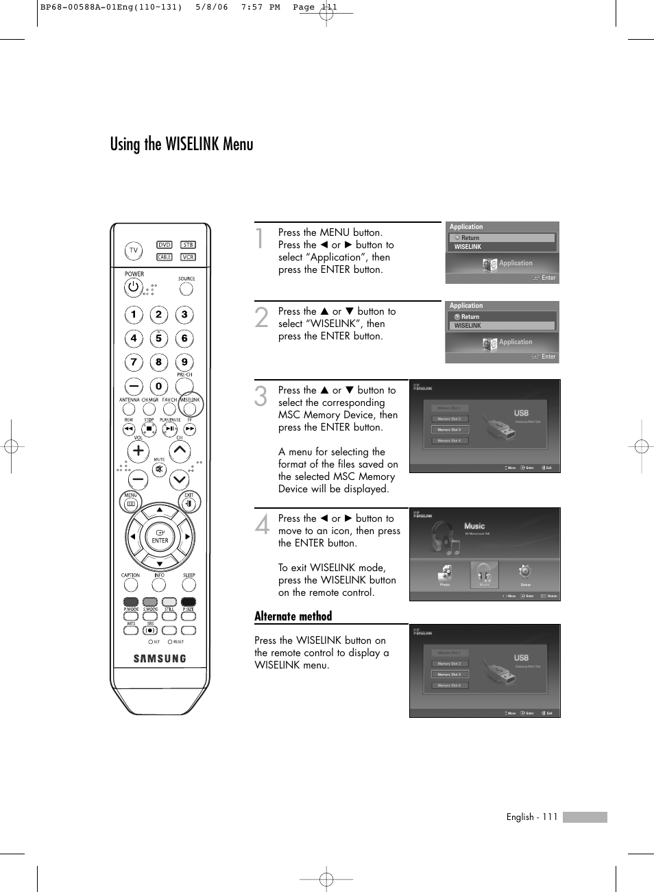Using the wiselink menu, Alternate method | Samsung HL-S5087W User Manual | Page 111 / 132