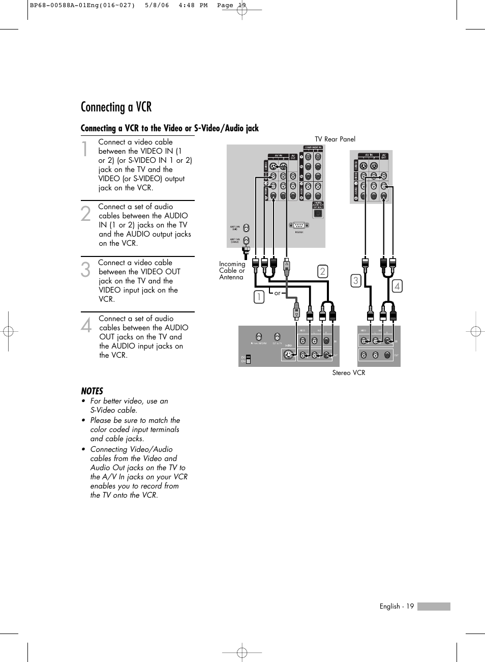 Connecting a vcr | Samsung HL-S5087W User Manual | Page 19 / 132