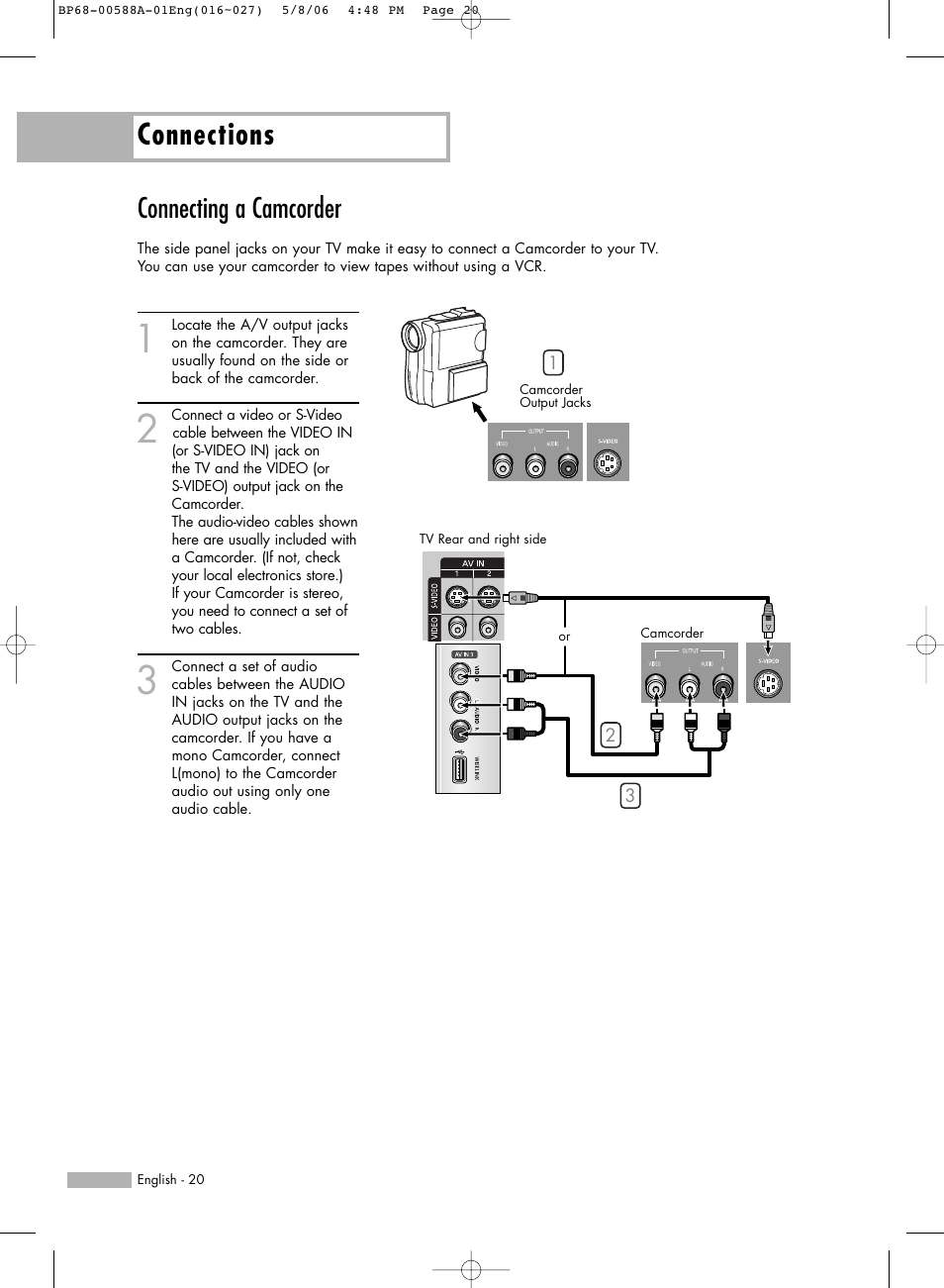 Connecting a camcorder, Connections | Samsung HL-S5087W User Manual | Page 20 / 132