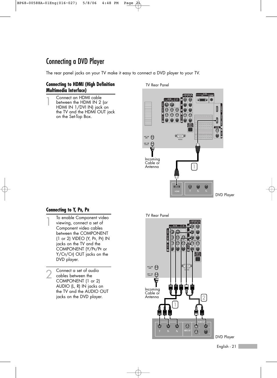 Connecting a dvd player | Samsung HL-S5087W User Manual | Page 21 / 132