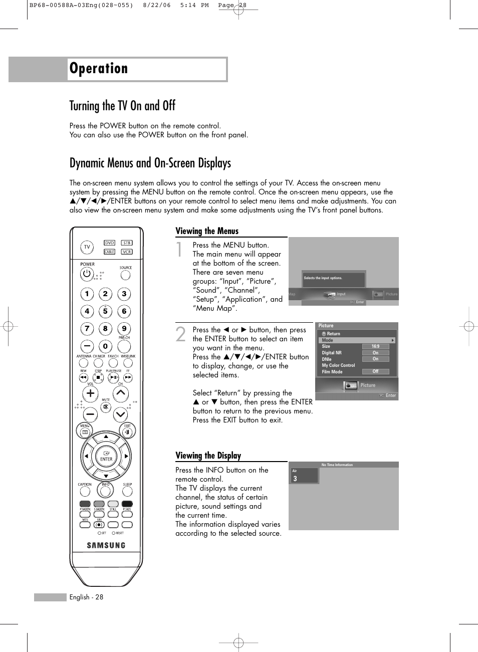 Operation, Turning the tv on and off, Dynamic menus and on-screen displays | Viewing the menus, Viewing the display | Samsung HL-S5087W User Manual | Page 28 / 132