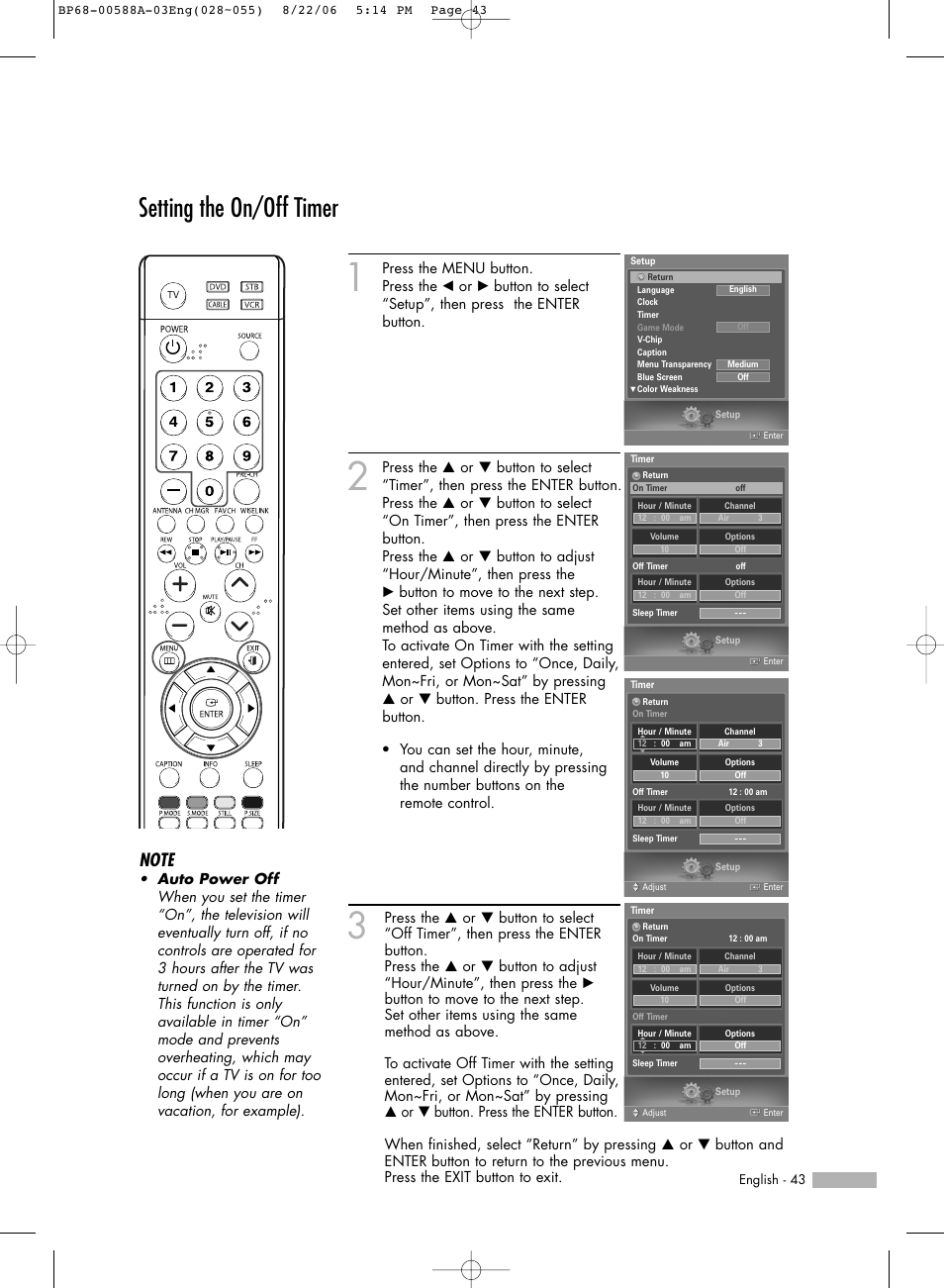 Setting the on/off timer | Samsung HL-S5087W User Manual | Page 43 / 132